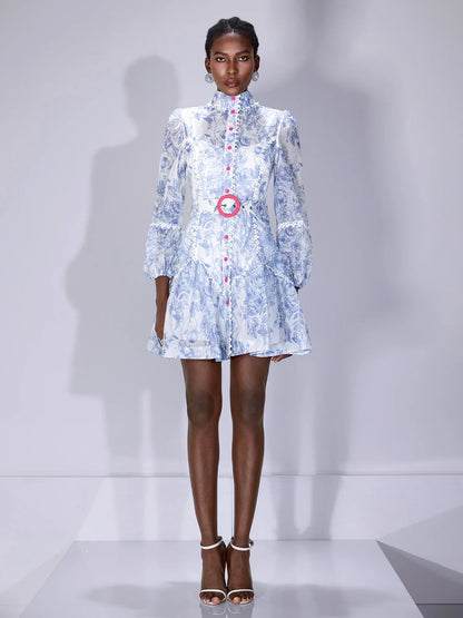Blue Printed High-Neck Mini Dress with Belt