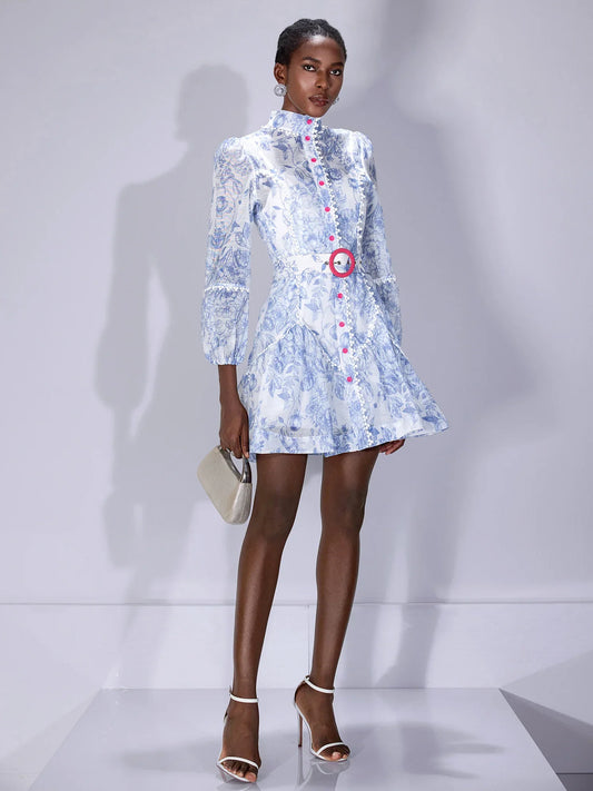 Blue Printed High-Neck Mini Dress with Belt