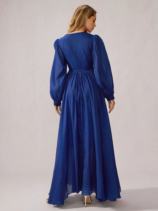 Blue V-Neck Tulle Vacation Maxi Dress