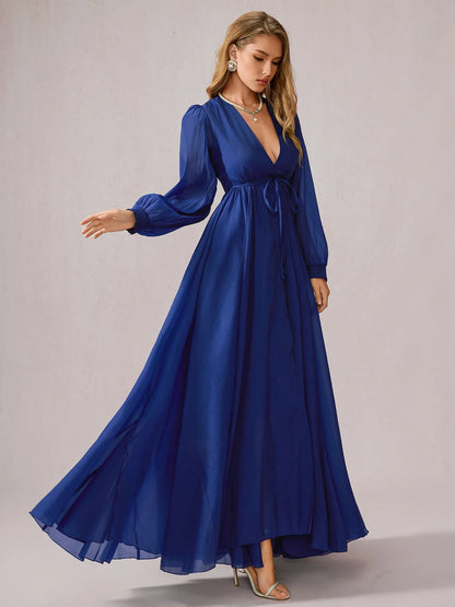 Blue V-Neck Tulle Vacation Maxi Dress