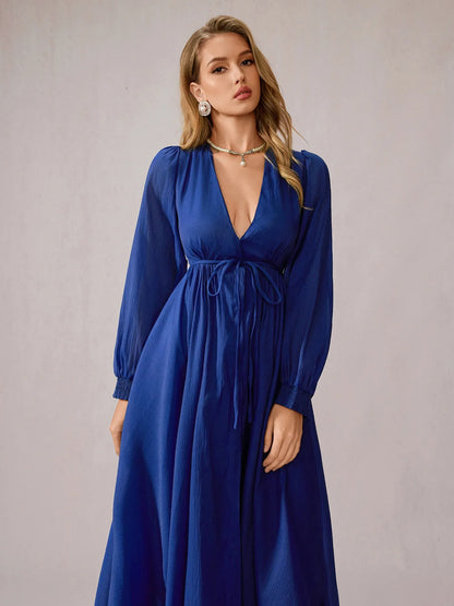 Blue V-Neck Tulle Vacation Maxi Dress