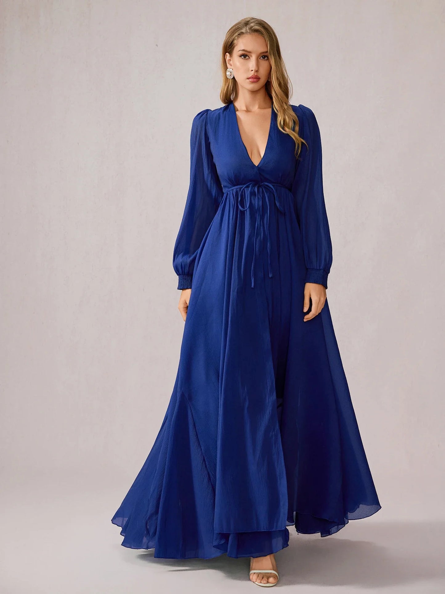 Blue V-Neck Tulle Vacation Maxi Dress