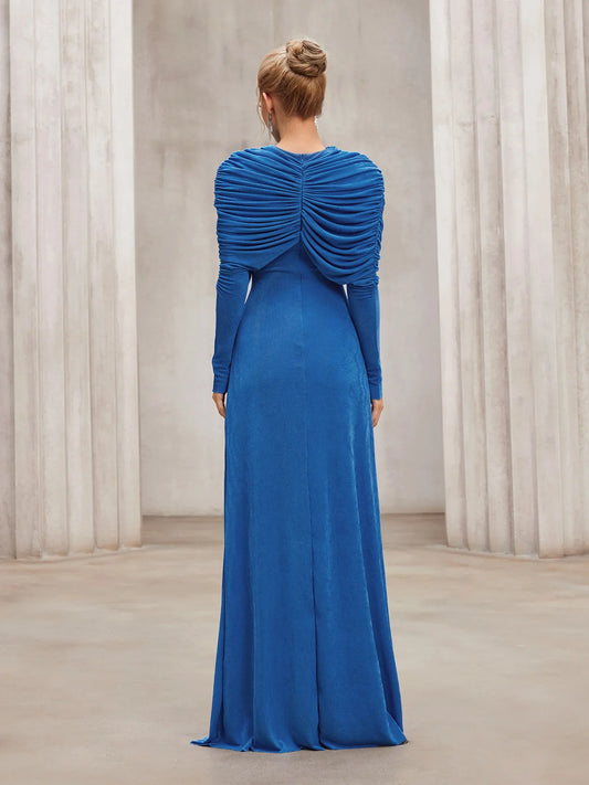 Blue pleated shawl long slim fit maxi dress