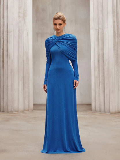 Blue pleated shawl long slim fit maxi dress