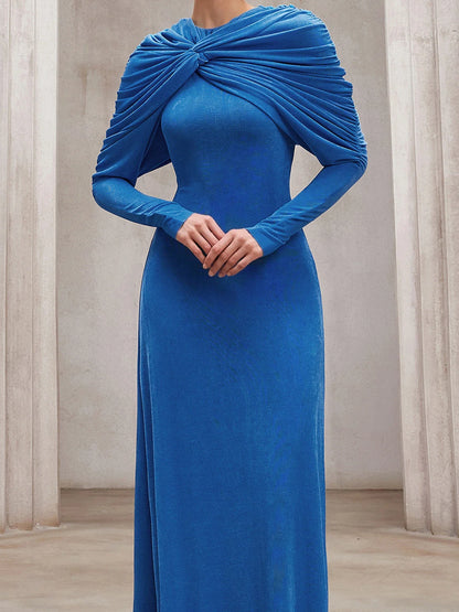 Blue pleated shawl long slim fit maxi dress