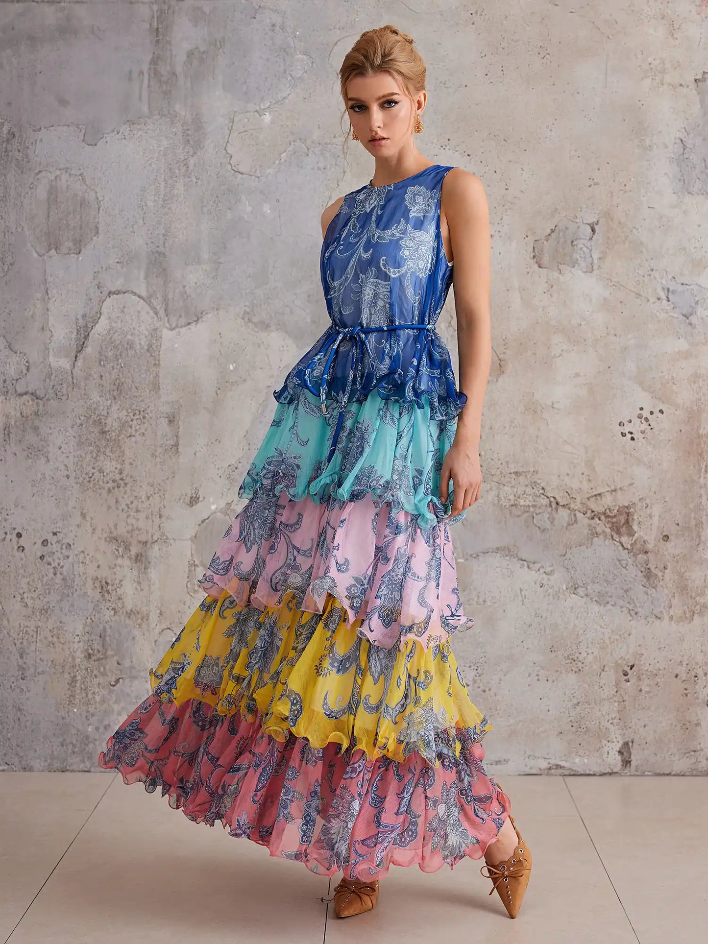 Bohemian Color-Block Tiered Maxi Dress