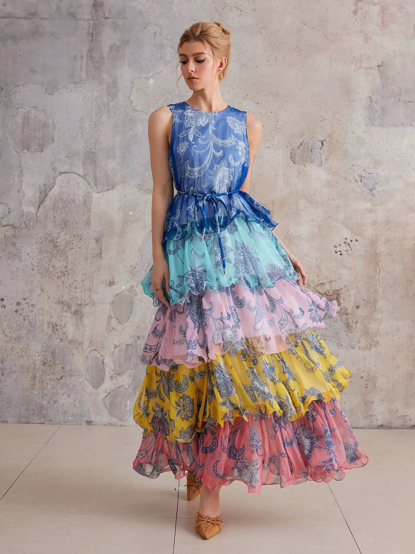 Bohemian Color-Block Tiered Maxi Dress
