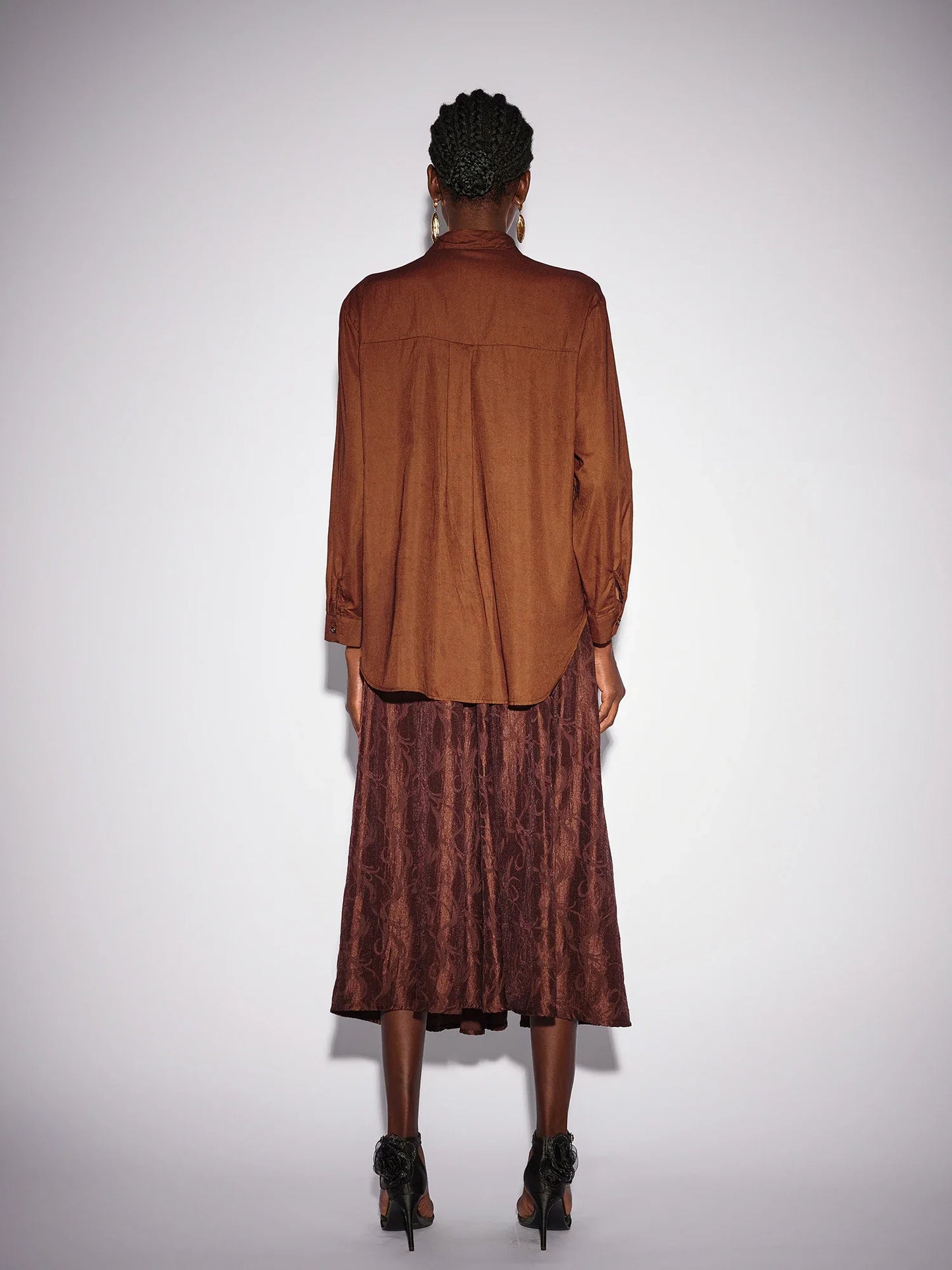 Brown High Neck Top and Shiny Midi Skirt Set