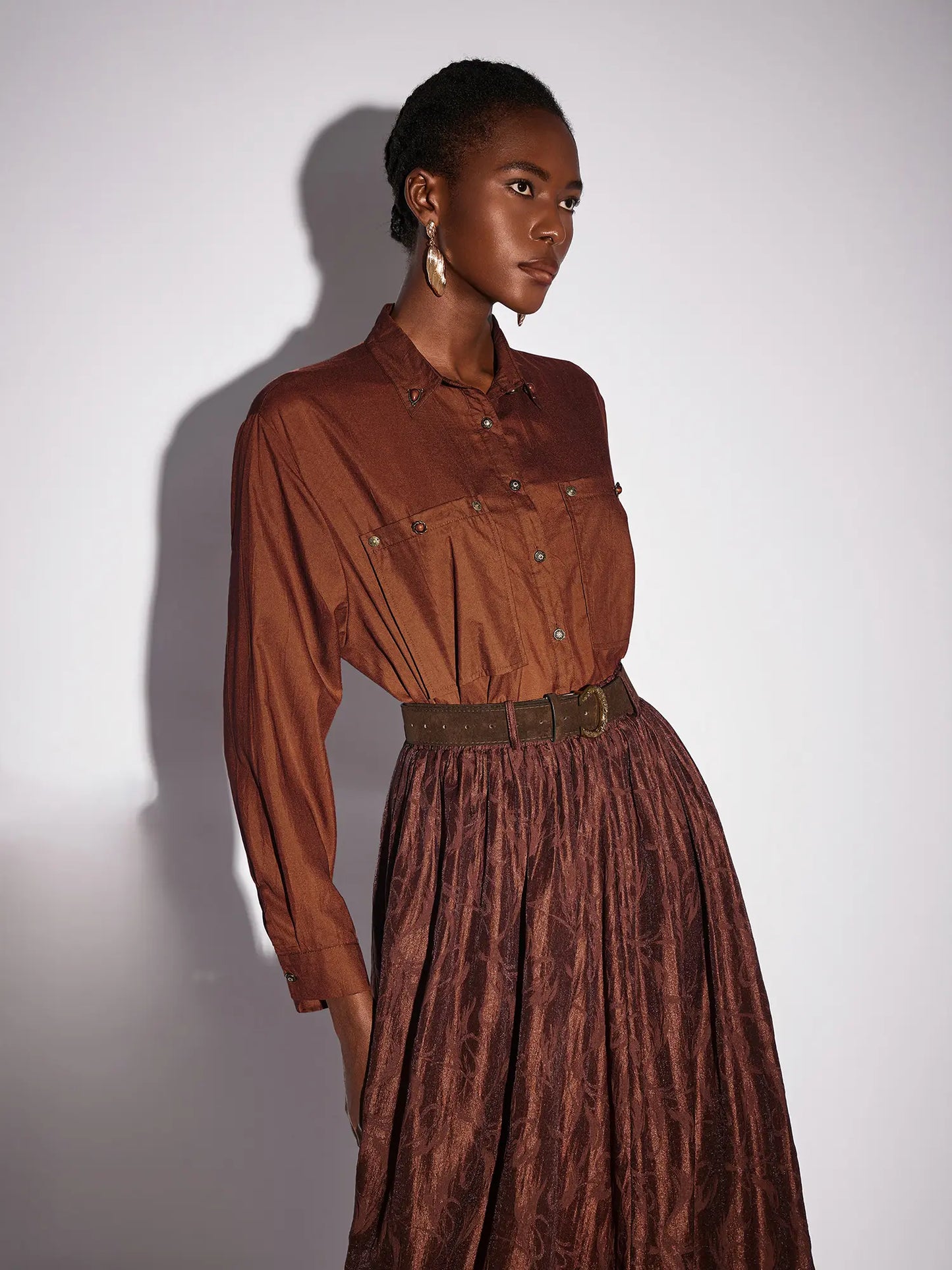 Brown High Neck Top and Shiny Midi Skirt Set