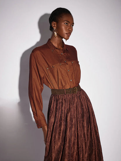 Brown High Neck Top and Shiny Midi Skirt Set
