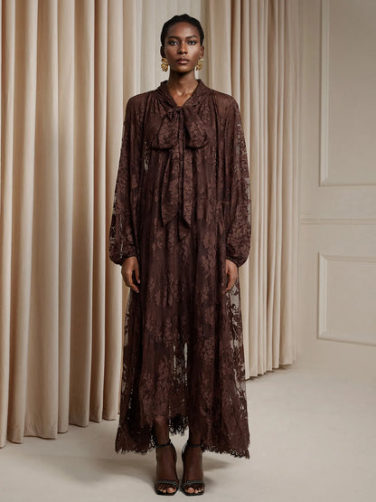 Brown Printed Sheer Maxi Dress