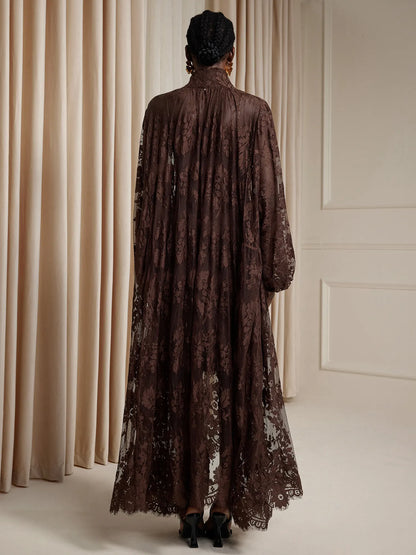 Brown Printed Sheer Maxi Dress