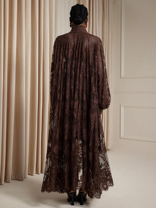 Brown Printed Sheer Maxi Dress