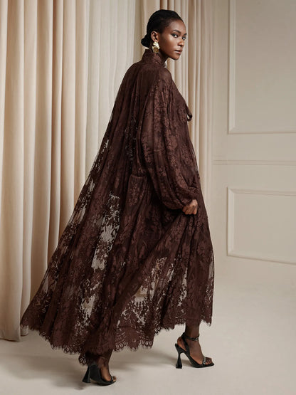 Brown Printed Sheer Maxi Dress