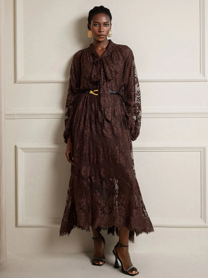 Brown Printed Sheer Maxi Dress