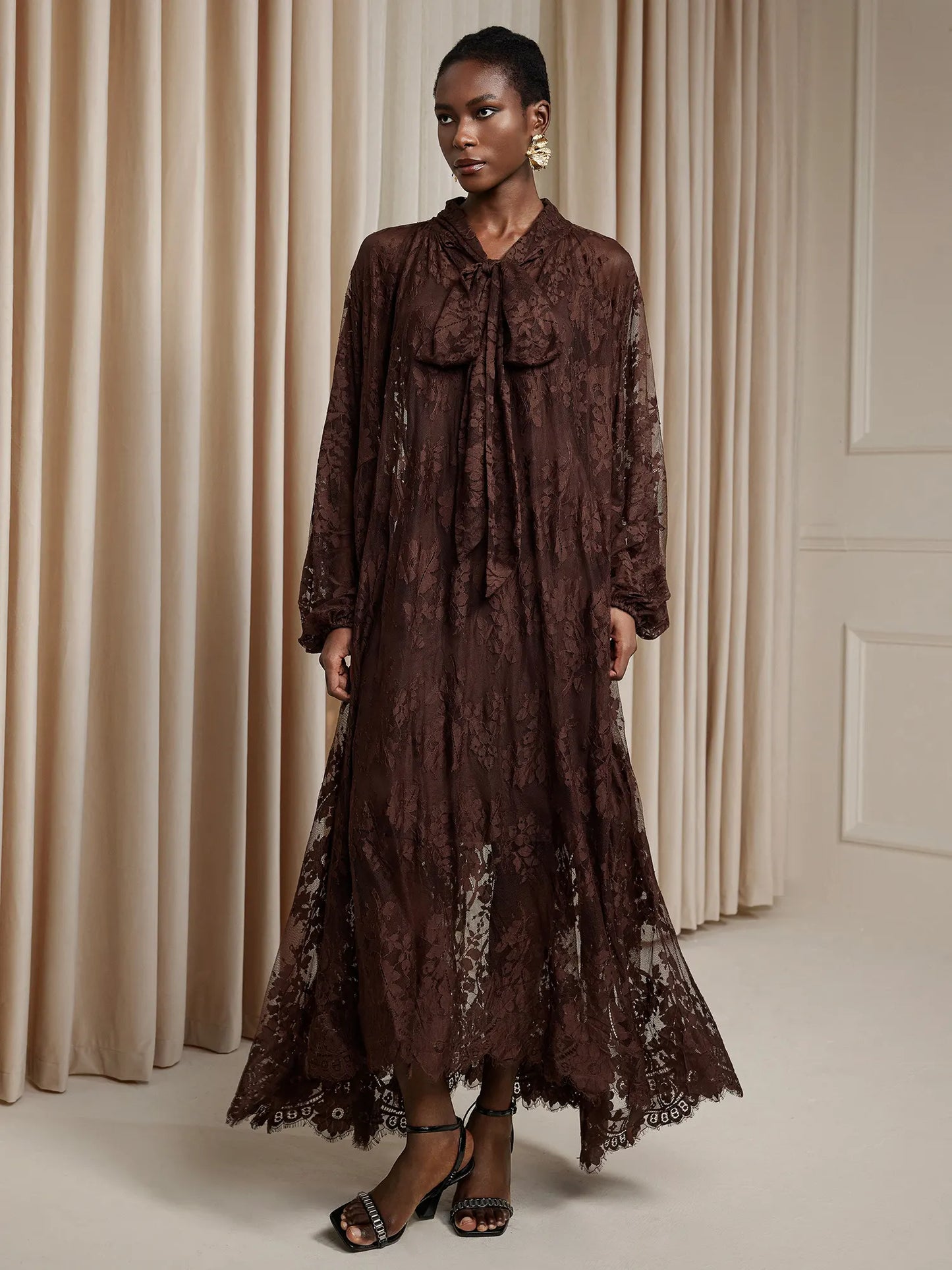 Brown Printed Sheer Maxi Dress