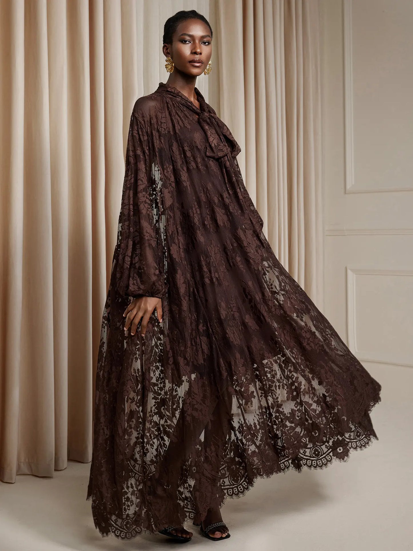 Brown Printed Sheer Maxi Dress