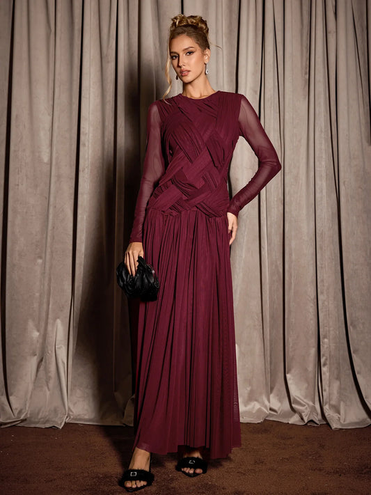 Burgundy Mesh Knit Elegant Midi Dress