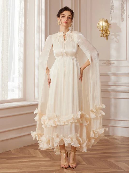 White Cape-Sleeve Ruffle Midi Dress