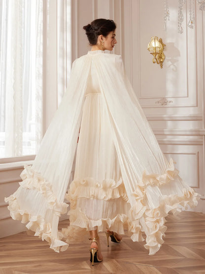 White Cape-Sleeve Ruffle Midi Dress