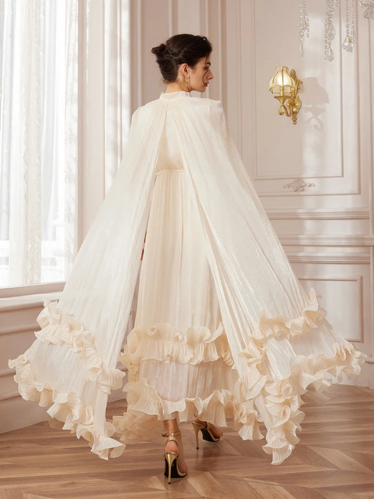White Cape-Sleeve Ruffle Midi Dress