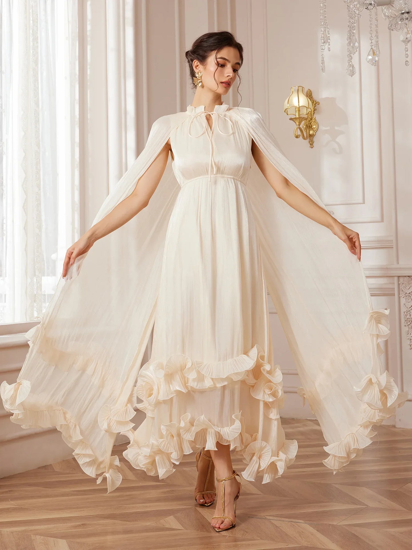 White Cape-Sleeve Ruffle Midi Dress