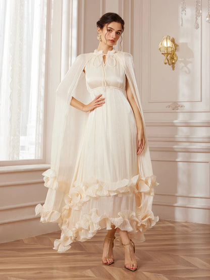 White Cape-Sleeve Ruffle Midi Dress