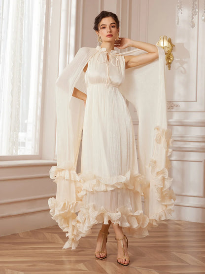 White Cape-Sleeve Ruffle Midi Dress