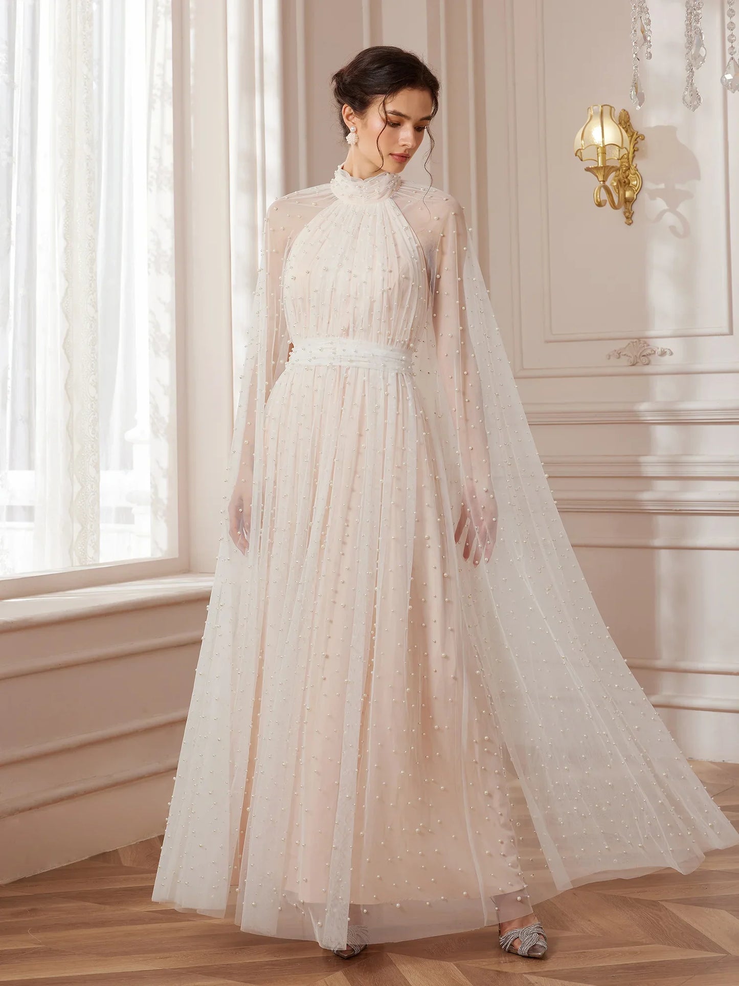 Cape-Sleeve Mandarin-Collar Maxi Dress