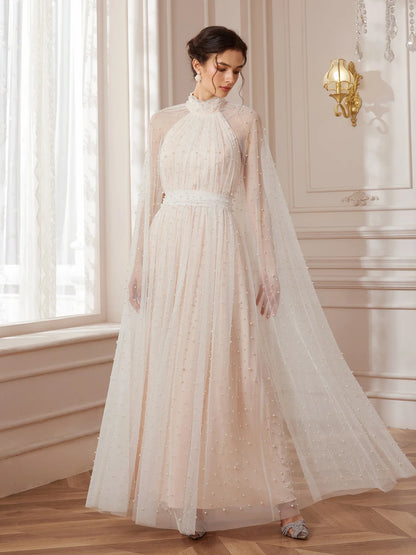 Cape-Sleeve Mandarin-Collar Maxi Dress