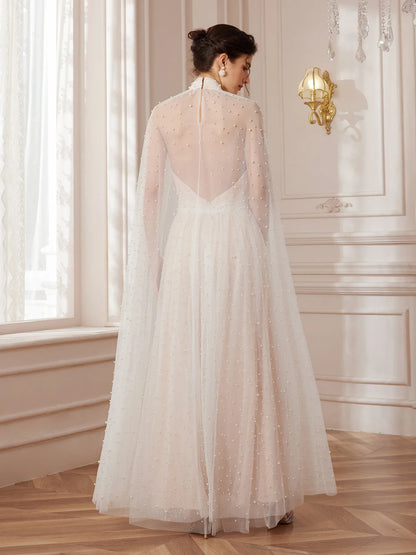 Cape-Sleeve Mandarin-Collar Maxi Dress