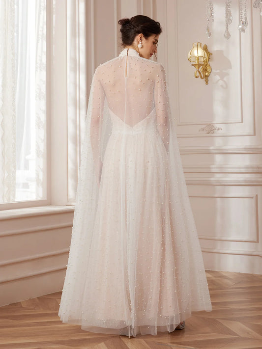 Cape-Sleeve Mandarin-Collar Maxi Dress