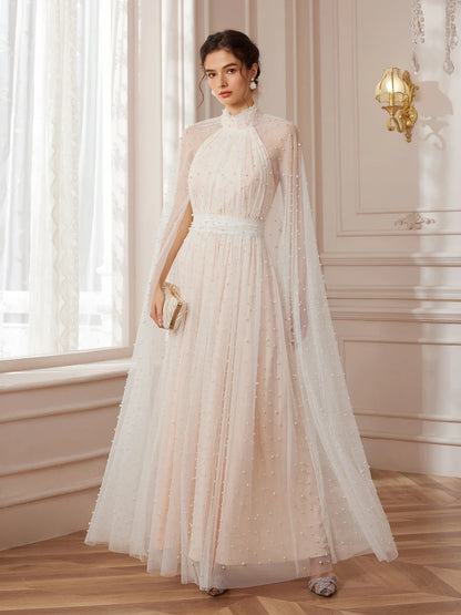 Cape-Sleeve Mandarin-Collar Maxi Dress