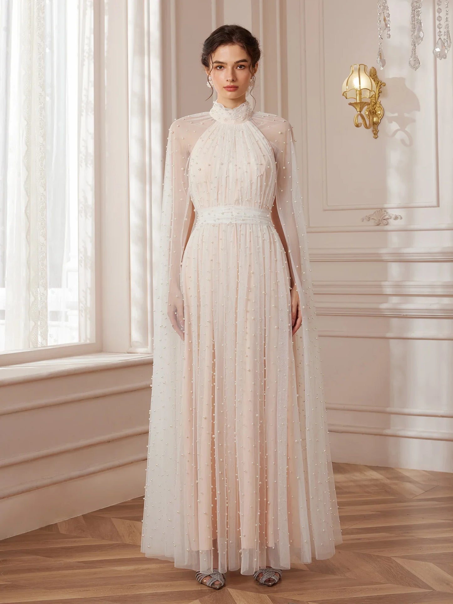 Cape-Sleeve Mandarin-Collar Maxi Dress