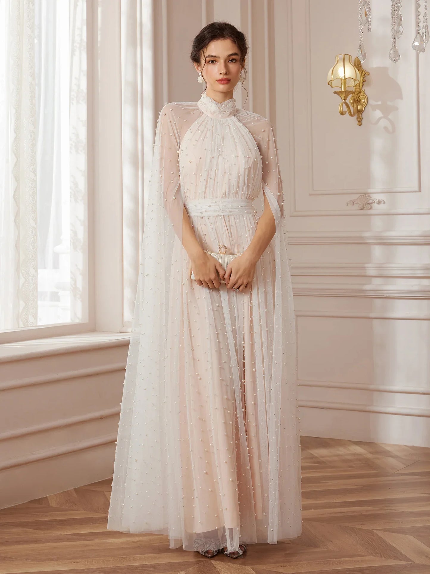 Cape-Sleeve Mandarin-Collar Maxi Dress