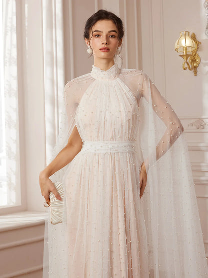 Cape-Sleeve Mandarin-Collar Maxi Dress