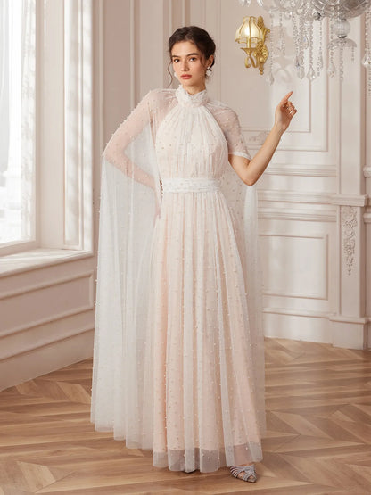 Cape-Sleeve Mandarin-Collar Maxi Dress