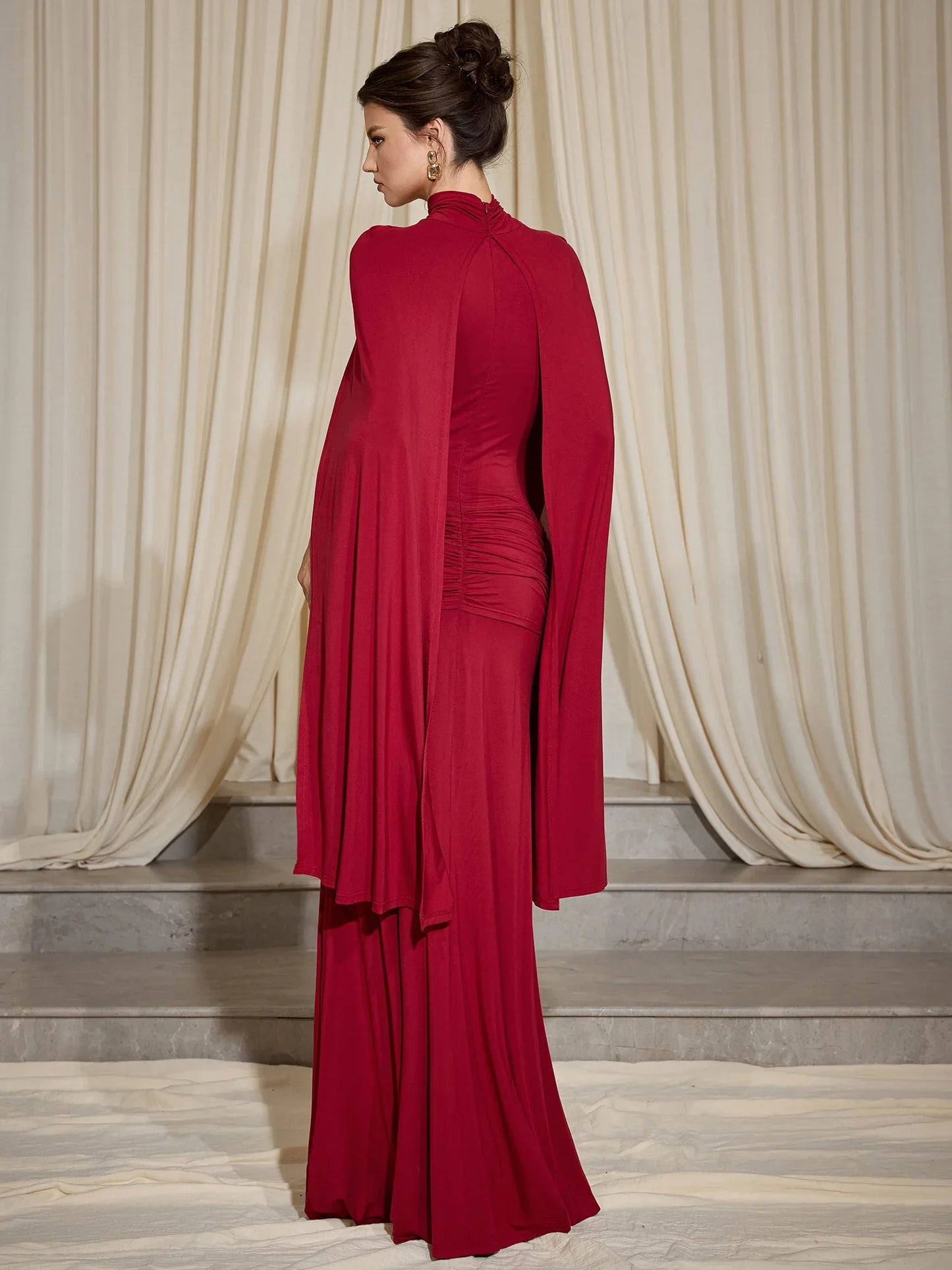 Red Pleated Cape Sleeve Maxi Evening Dress