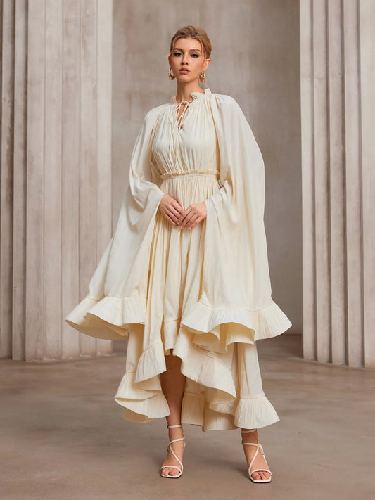Cloak-Sweep Daring V-Cascade Gala Midi Dress