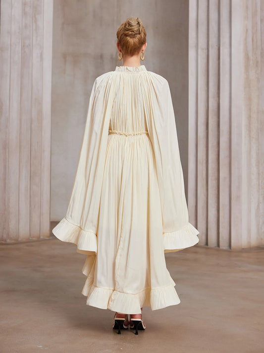 Cloak-Sweep Daring V-Cascade Gala Midi Dress