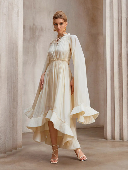 Cloak-Sweep Daring V-Cascade Gala Midi Dress