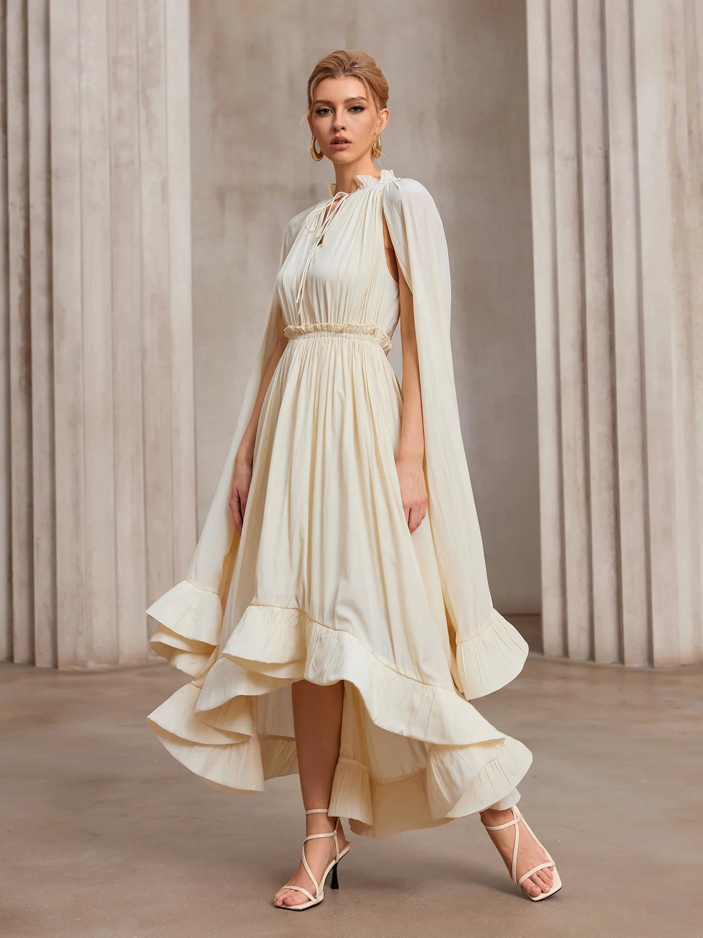 Cloak-Sweep Daring V-Cascade Gala Midi Dress