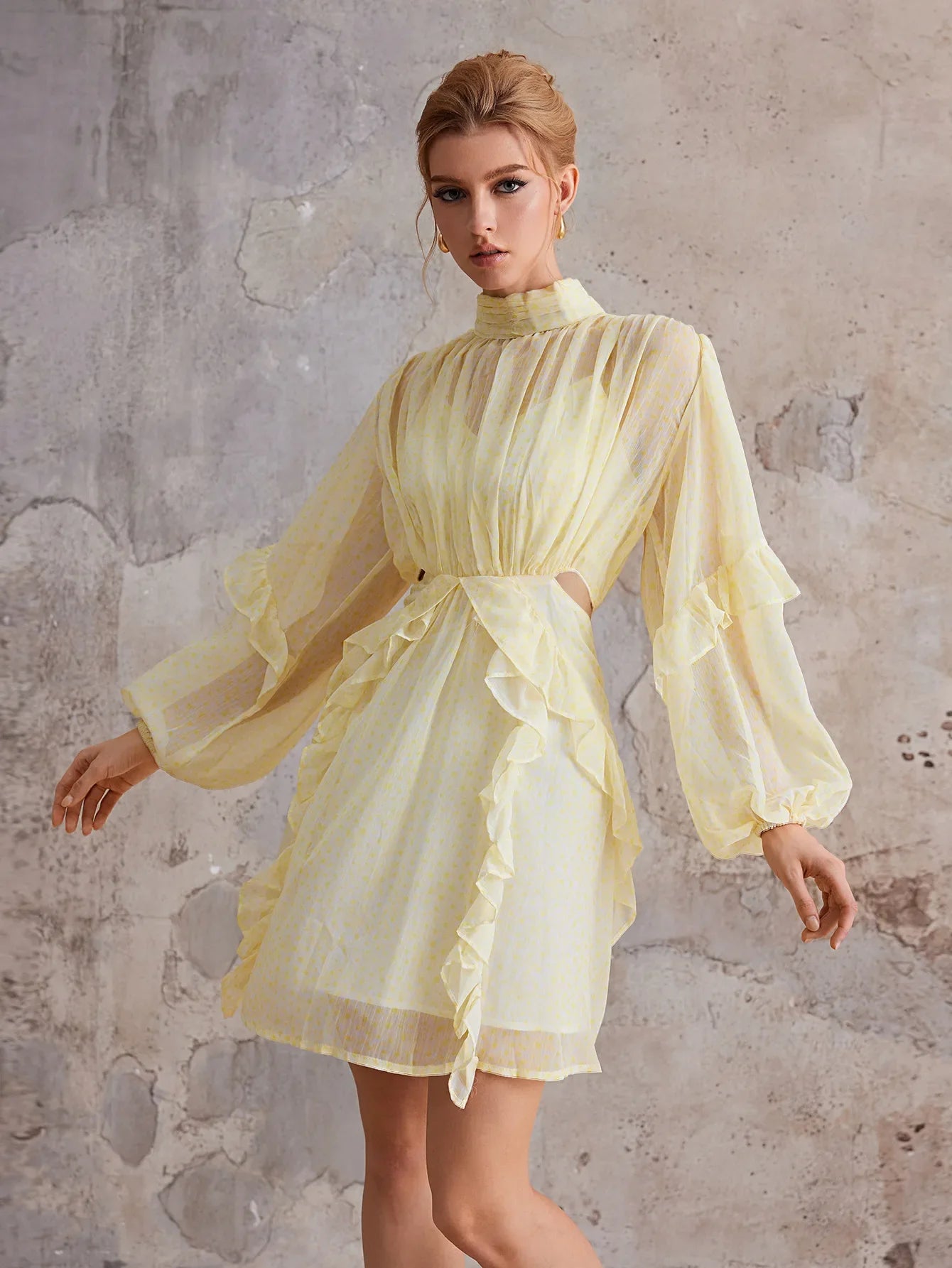 Court-Style Flutter-Trim Open-Midriff Mini Dress