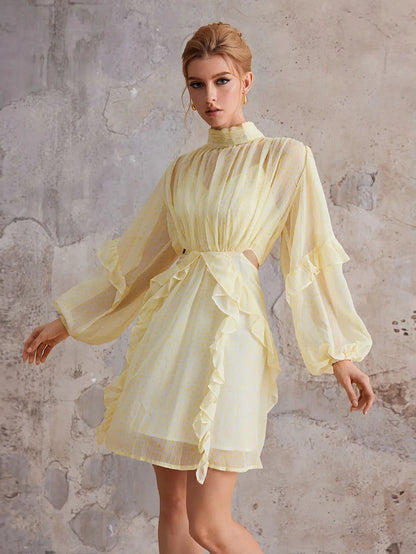 Court-Style Flutter-Trim Open-Midriff Mini Dress