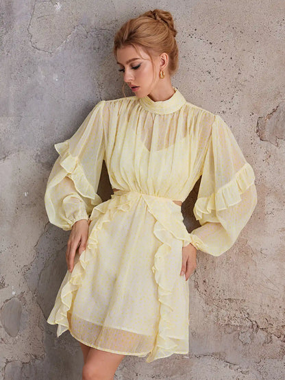 Court-Style Flutter-Trim Open-Midriff Mini Dress