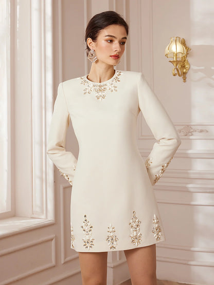 Crystal-Sewn Long-Sleeve Cocktail Mini Dress