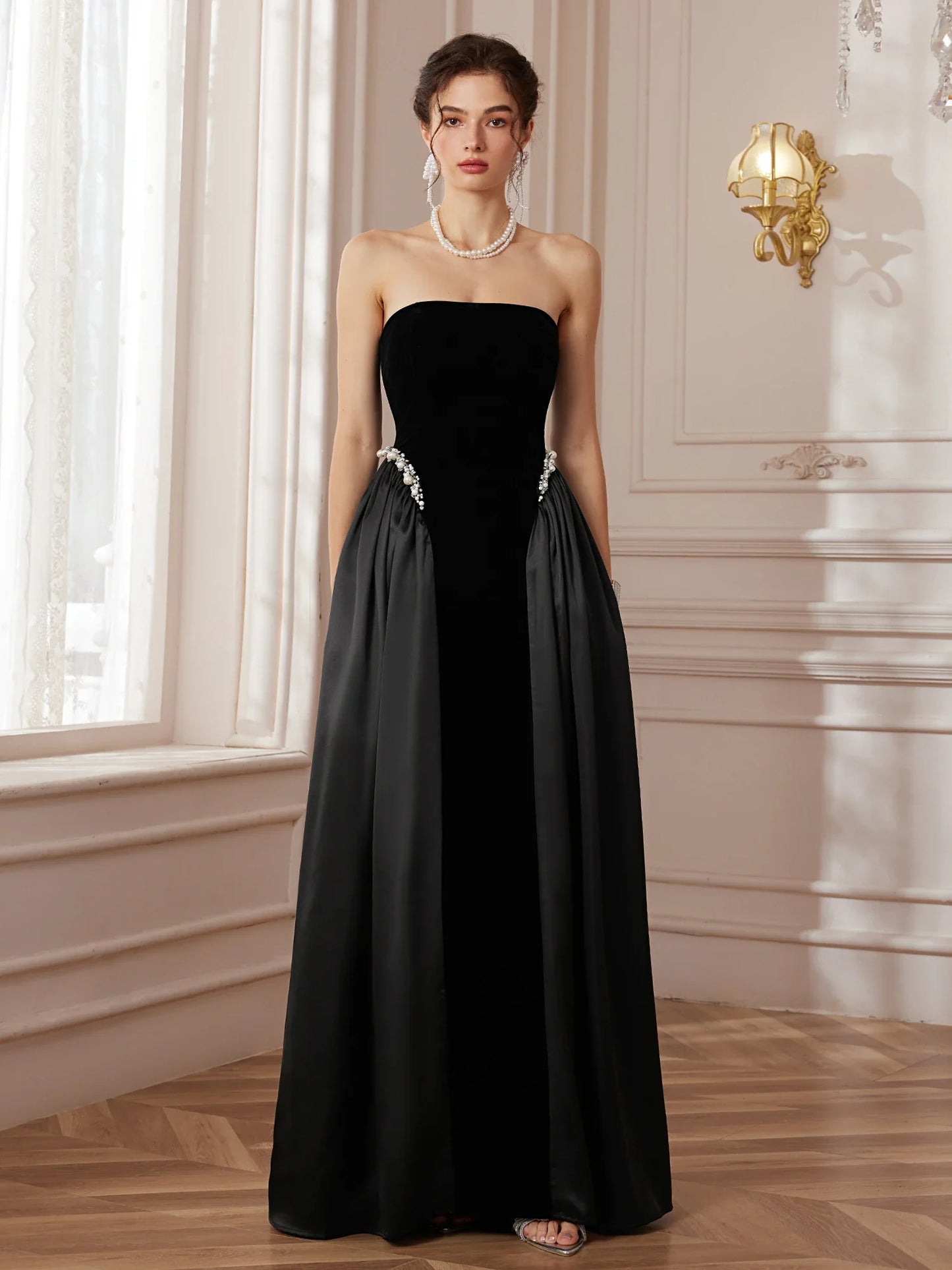Crystal Pleated Strapless Maxi Dress