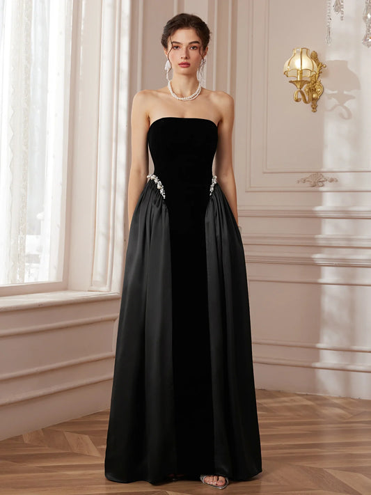 Crystal Pleated Strapless Maxi Dress