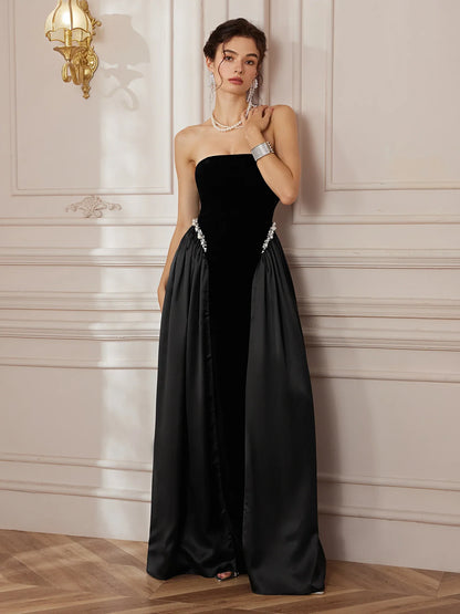 Crystal Pleated Strapless Maxi Dress