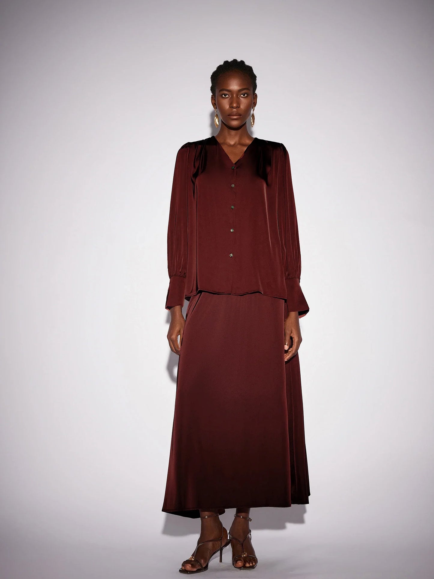 Dark Red V-Neck Long Sleeve Two-Piece Set
